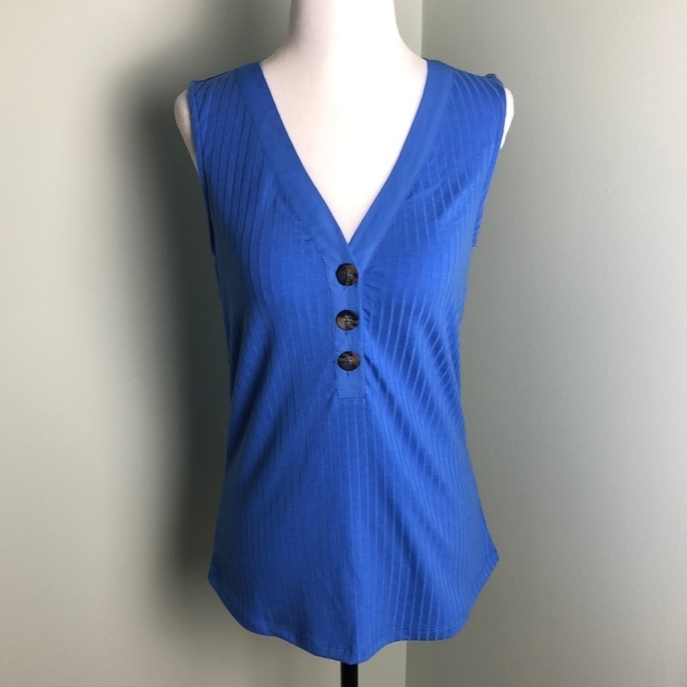 💜 S 💜 Blue Tank Buttons V-Neck Ribbed Henley​
